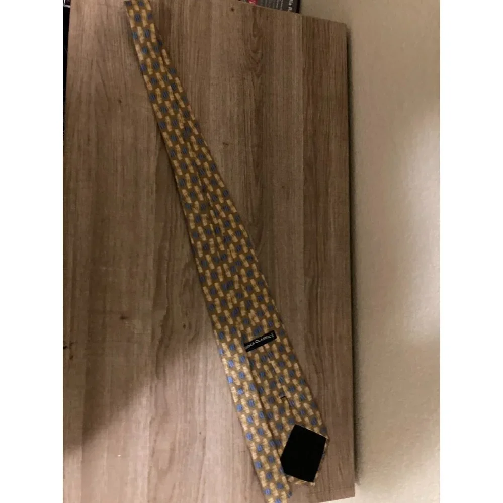 Boca Classics Men's Silk Necktie Gold and Blue Geometric Pattern